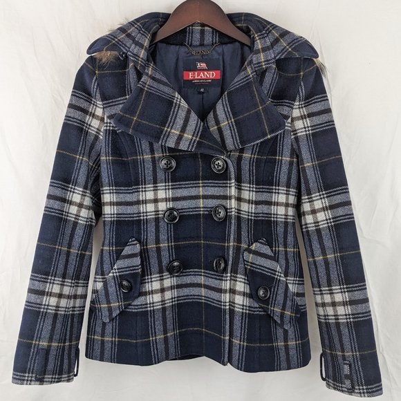ELAND Navy Plaid Peacoat with Fur Hood Sz S - Picture 1 of 9
